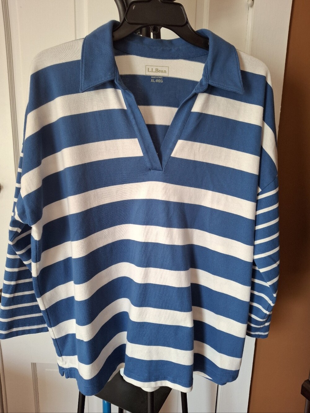 L.L. Bean Women's Blue and White Striped V-Neck Rugby Top